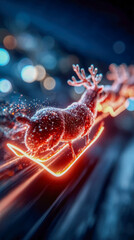 Neon glowing reindeer pulling Santa sleigh through a vibrant night sky