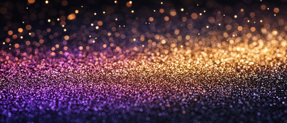 Shimmering glitter with a smooth transition from purple to gold creates a festive atmosphere, ideal for decorative backgrounds on invitations to special events.