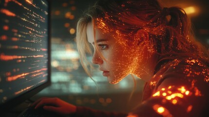 A girl with digital grids on her face looks intently at the screen, illustrating the interaction between humans and technology, which will serve as a vivid backdrop for articles  