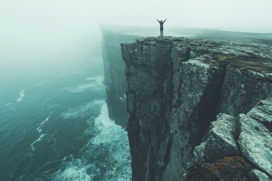 Person standing on a cliff overlooking the ocean with waves below and scenic horizon