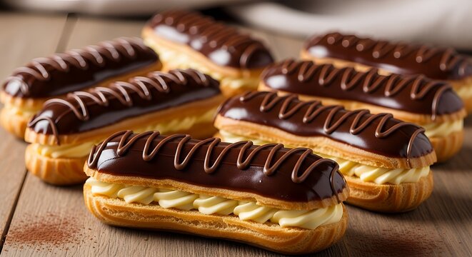 Delicious homemade chocolate eclairs with cream filling on a rustic wooden table.