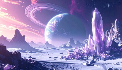 An alien landscape with large crystals, snow, mountains, a ringed planet and purple hued sky with clouds
