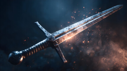 Glowing medieval sword with intricate details and sparks in a dark atmospheric setting
