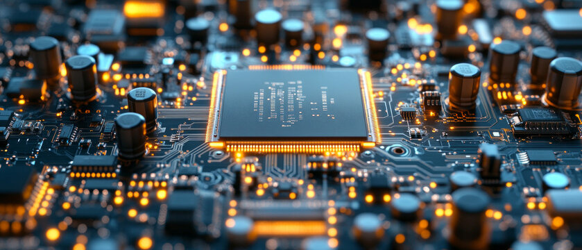 A modern microchip with bright lights and a complex structure symbolises technological progress, fitting perfectly as a background for presentations on science and innovation.