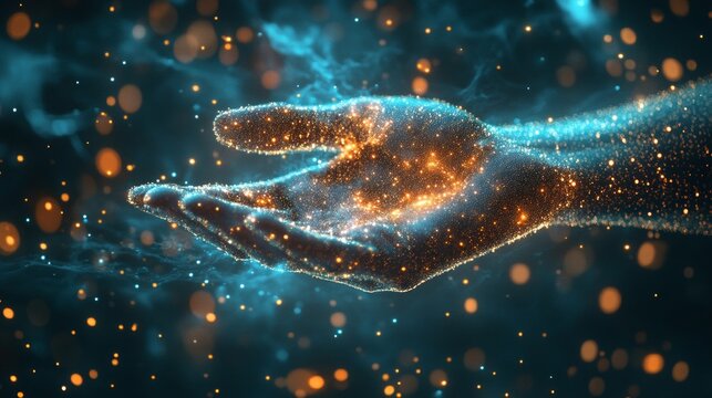 A glowing hand made of cosmic particles symbolises the connection between humans and the universe, ideal for creating an atmospheric backdrop for scientific presentations about the future.