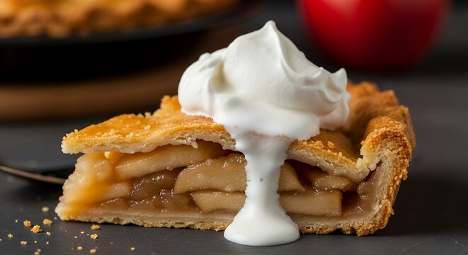 Delicious slice of homemade apple pie with a generous dollop of whipped cream. - Powered by Adobe
