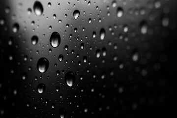 Macro raindrops on glass, high-contrast monochrome, sharp droplets with soft background blur, moody atmosphere.