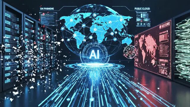 Red virus particles spread globally across glowing digital servers and world map