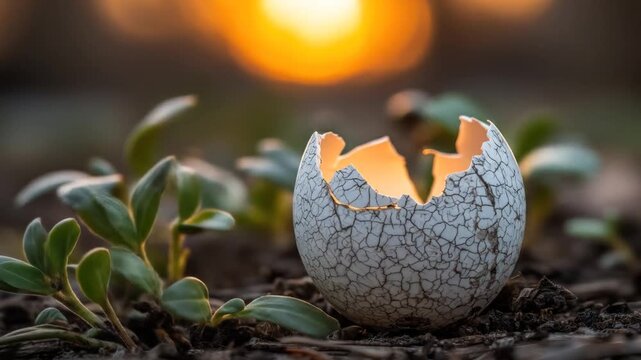A cracked egg shell glows with warm light next to new green shoots, under a blurry golden sunrise