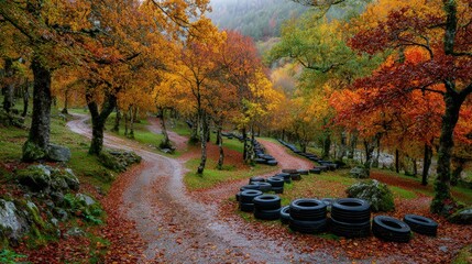 Winding dirt road lined with stacked rubber components runs through a colorful woodland during autumn