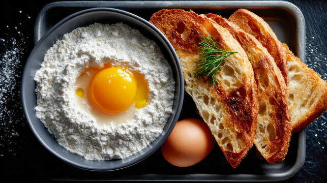 Top view of rustic bread with egg yolk and flour on a tray, representing breakfast preparation and homemade cooking