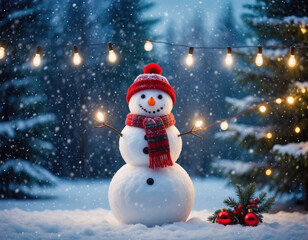 Snow man with snow fall blur Christmas decoration.
