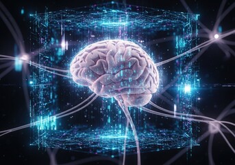 Digital brain with neural network connections and futuristic data streams