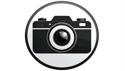 Black camera icon inside of white circle, clean design on white background