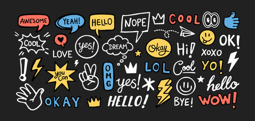 Hand-drawn doodle speech bubbles, words, and icons, including hello, wow, cool, love, lightning, peace, and emoji faces. Perfect for stickers, t-shirts, posters, and digital design.