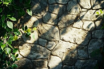Stone wall covered with green leaves in a natural outdoor setting during daylight hours