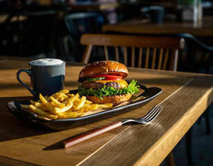 close up burger and coffee cup ,French fries meal on the table in restaurant café