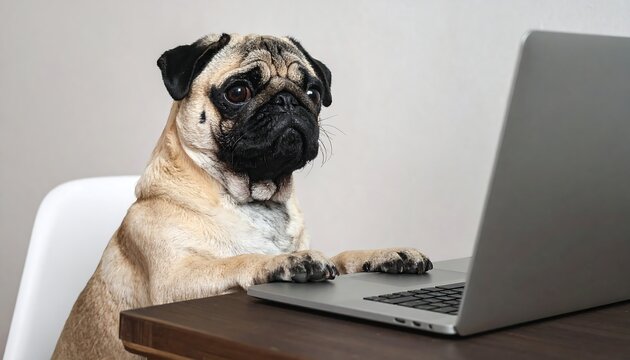 Adorable pug sits at a desk, seemingly working on a laptop against a neutral background, with paws on the computer - Powered by Adobe