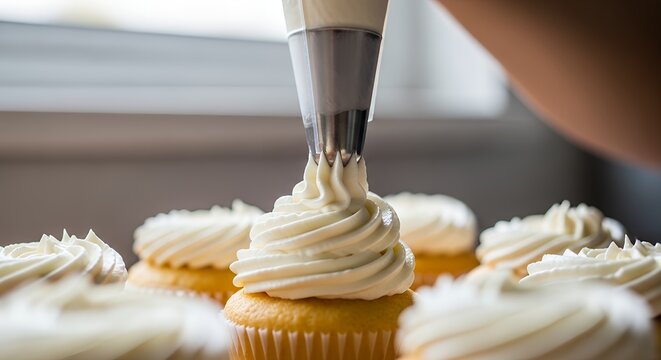 Pastry chef decorating delicious vanilla cupcakes with creamy white frosting. - Powered by Adobe