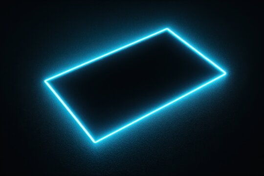 Hard-edged rectangular light reflection on glossy surface, neon blue/cyan rim with dark core, subtle grain, graphic minimalism.