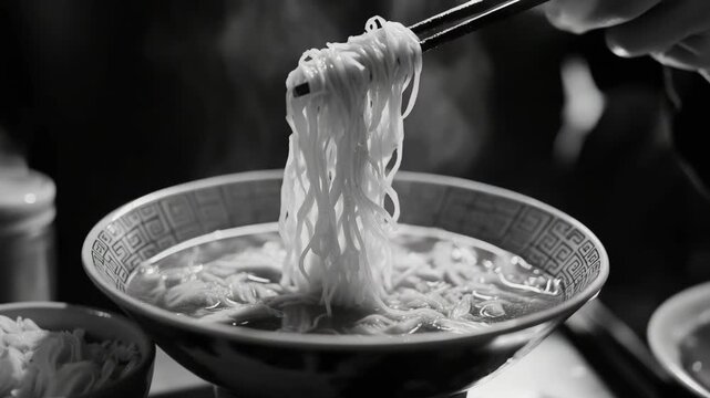 A close-up of a person using chopsticks to lift noodles out of a bowl.