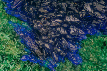 Naklejka premium Malachite and Azurite mineral specimen — fibrous green crystals and botryoidal blue aggregates under magnification — professional macro, micro mineral photography for education and research