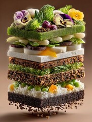 Floating plant based layers of floating vegan ingredients, greens, tofu, grains, microgreens, edible flowers. Fundamental building element of wellness and balanced health.