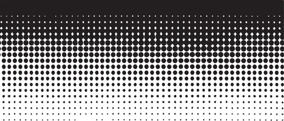Halftone pattern with black circles creating a seamless gradient effect from solid darkness at the top to complete white at the bottom, offering a retro graphic background for design projects.