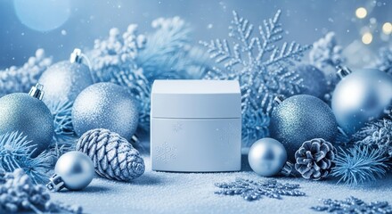 Elegant winter beauty product display amidst frosty blue and silver festive decorations, perfect for holiday season skincare promotions