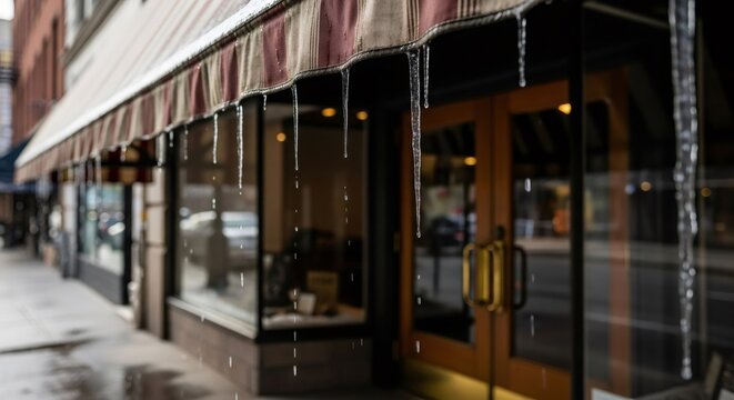 Icicles hanging from a striped awning during winter weather. Urban street scene with melting ice for a cold season concept.
