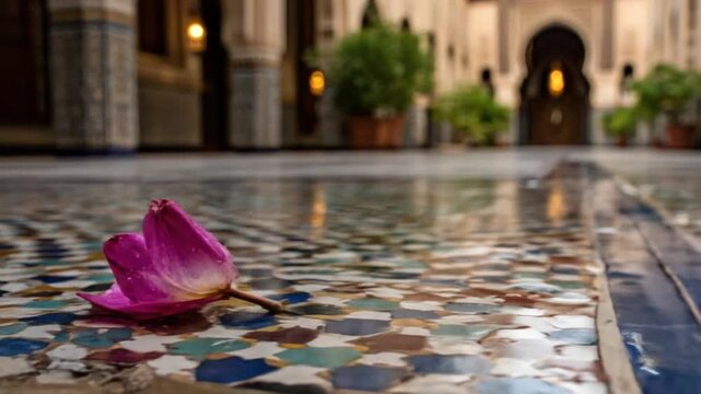 A vibrant pink lotus rests on a patterned mosaic floor, with an arched doorway in the blurred background