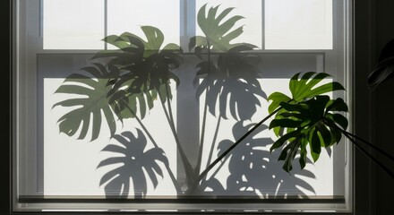 Monstera plant casting shadows on a window with white blinds creating a bright and airy atmosphere indoors