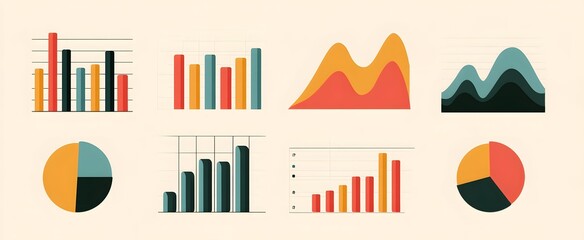 Diverse business analytics charts and graphs featuring vibrant bar graphs line charts and pie charts