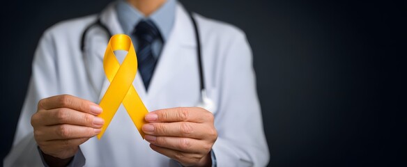 Doctor showing a ribbon to raise awareness and support a cause.