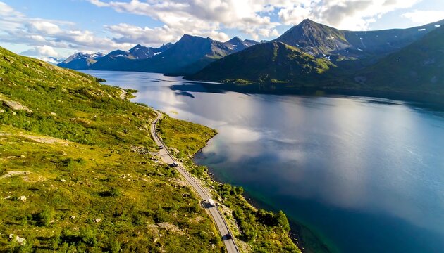 Aerial shot of winding road alongside a lake surrounded by lush greenery and imposing mountains under cloudy skies - Powered by Adobe