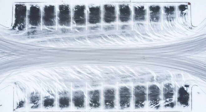 Empty snowy parking lot with tire tracks. Winter weather conditions creating a serene and isolated landscape. Aerial view of an outdoor parking facility.