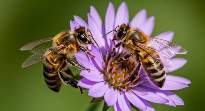 Two honeybees on a purple flower with a green background in a close up shot showing detail of bees
