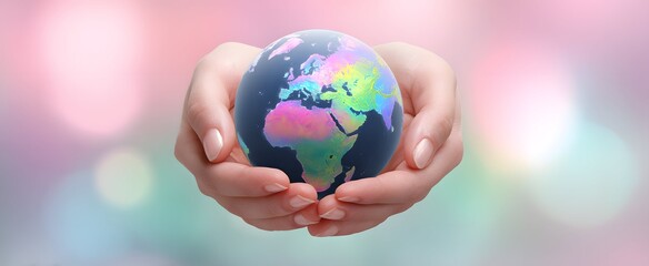 Pair of hands carefully holding a vibrant globe against a muted pastel backdrop