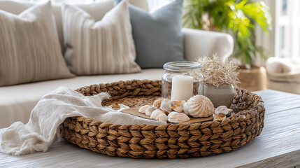 Fototapeta premium Woven tray on coastal coffee table with candle, seashells, and soft linen cloth.