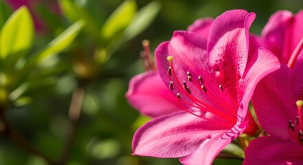 Close up shot of vibrant pink azalea flowers with green leaves in the background on a sunny day outdoors