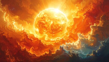 Bright sun engulfed in orange clouds, creating a dramatic and fiery sky