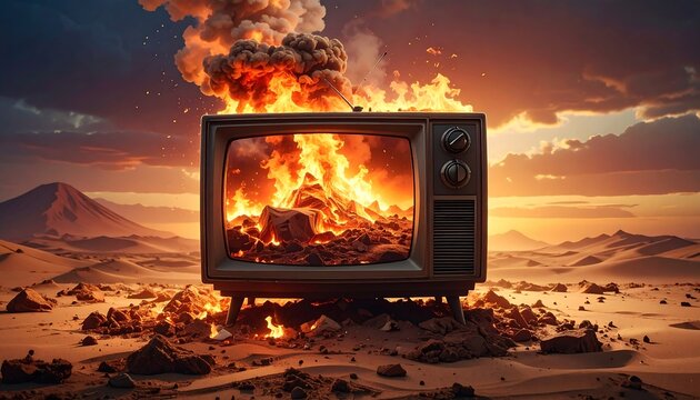 An old TV sits in a desert, displaying flames within the screen, smoke billowing from the top, sunset landscape - Powered by Adobe