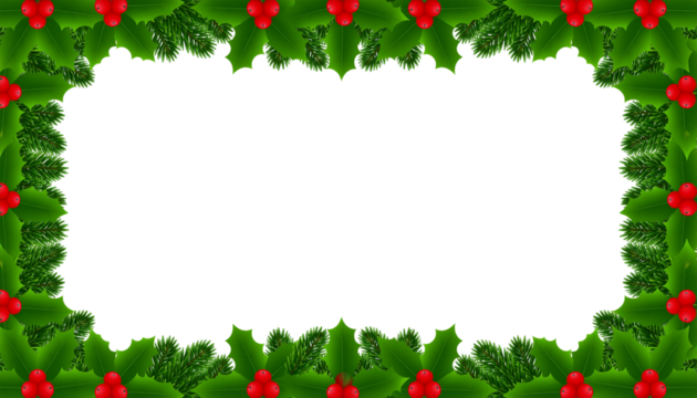 Christmas frame border with holly berries, leaves, and branches for holiday decoration, card, or vector design.
