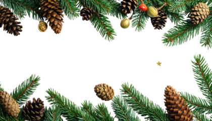 Christmas border with pine cones and evergreen fir tree branches for a winter holiday decoration frame