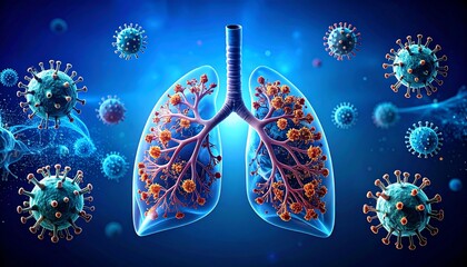 Artistic representation of lungs beset by virus particles on blue gradient backdrop, showcasing respiratory illness concept