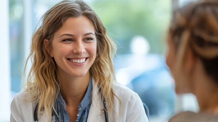 A smiling female doctor engages with a patient in a bright, welcoming environment, promoting health and wellness.