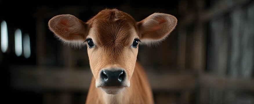 The calf in rustic barn basks like a quiet sunbeam with soft natural light.