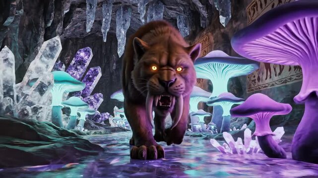 Saber-toothed tiger stands menacingly in a magical fantasy cave, surrounded by bioluminescent mushrooms, glowing crystals, and ancient hieroglyph markings on the rock wall