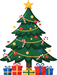 Beautiful decorated Christmas tree with ornaments, candy canes, string lights, colorful baubles, and wrapped gift boxes in festive holiday illustration style