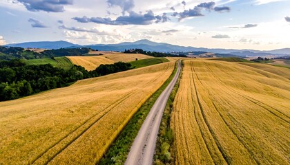 Aerial view of a dirt road cuts through golden fields on a rolling landscape under a partly cloudy sky